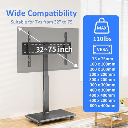 Rolling TV Stand with Power Outlet, Mobile TV Stand for 32-75 Inch TVs up to 110 lbs, 30° Swivel TV Floor Stand, 18 Adjustable Heights, TV Cart on Wheels for Bedroom, Office, Outdoor, Black