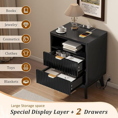 Fluted Nightstand with Charging Station, 19.7 inch Wide End Table with 2 Drawers, Modern Wood Bedside Table for Bedroom, Black