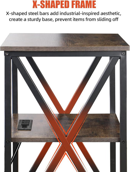 TooCust 3 Tier End Table with Charging Station, 16" W x 12" D x 28" H, Metal and Brown Bedside Table with USB Ports and Outlets, X-Shaped Side Table with Wheels for Living Room, Bedroom, Kitchen