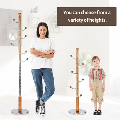 Coat Rack Freestanding, Metal Wooden Coat Tree with 6 Hooks, Heavy Duty Coat Hanger Stand with Resin and Stainless Steel Base, Free Standing Hall Tree for Scarf, Bag, Jacket (Metal)