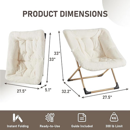 Comfy Oversized Saucer Chair, Soft Faux Fur Reading Lounge Chair for Adults, Stable X-Large Metal Frame and Non-Slip Pad, Foldable Cozy Chairs for Bedroom, Living Room, Dorm, Office, Beige