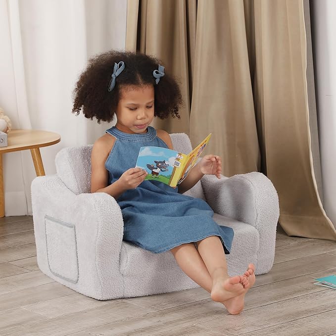 Comfy Toddler Chair, 2-in-1 Toddler Couch Fold Out, Convertible Sherpa Sofa to Lounger for Boys & Girls, Grey