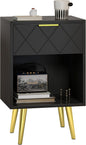 Black Nightstand, Bedside Table with Storage Drawer and Open Wood Shelf, Side Table with Gold Legs, Modern Style Night Stand End Table Drawer Dresser for Living Room Bedroom MLBZ19B