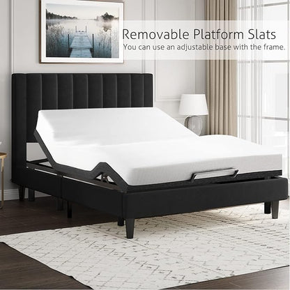 SHA CERLIN Queen Bed Frame/Velvet Upholstered Platform Bed Frame with Headboard/Strong Wood Slats Support/Mattress Foundation/No Box Spring Needed - Black