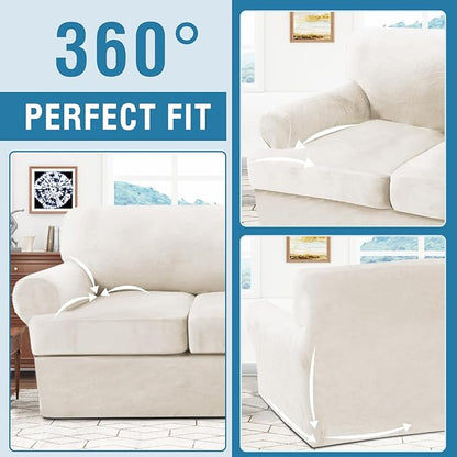 H.VERSAILTEX Sofa Cover 3 Piece T Cushion Loveseat Slipcovers Thick Velvet Couch Cover Stretch T Cushion Sofa Covers for 2 Cushion Couch with 2 Individual T Cushion Covers, Porcelain