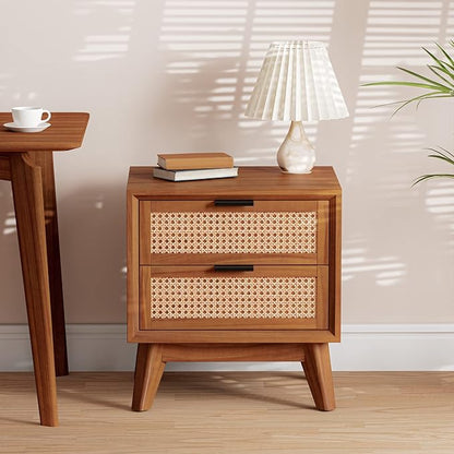 Bme Jasper Deluxe Solid Wood Rattan Nightstand Fully Assembled - Mid Century Modern Side Table with 2 Drawers - Multipurpose use for Living Room, Bedroom - Dark Chocolate