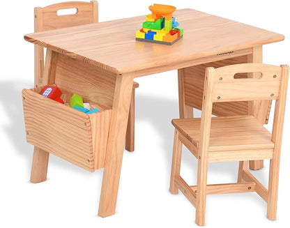 Kids Solid Wood Table and 2 Chair Set with Storage Desk and Chair Set for Children Toddler Activity Table (Solid Wood/Natural)