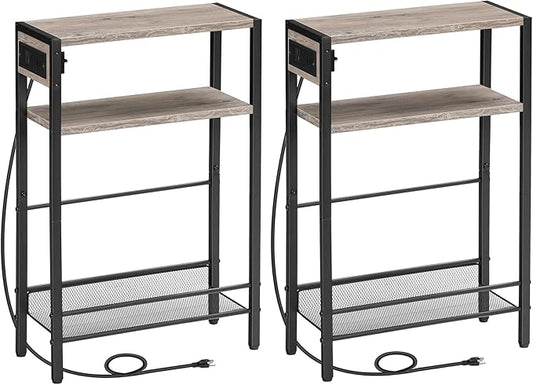 HOOBRO Small Narrow Side Table with Charging Station Set of 2, Skinny End Table for Small Spaces, Slim Nightstand with USB Ports Outlet, Sofa Beside Table with Storage Shelf BG102UBZP201
