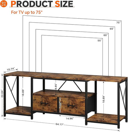 Homeiju TV Stand for TVs up to 75 Inch, Entertainment Center with Fabric Drawers, TV Media Console Table with Open Storage Shelves for Living Room, Bedroom, Rustic Brown