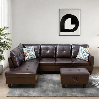 Modern Living Room Furniture Sets with Pillows, Modular Sectional Couches with Chaise Lounge, 4-Seaters L Shape Sofa with Storage Ottoman, for Living Room, Faux Leather, Brown