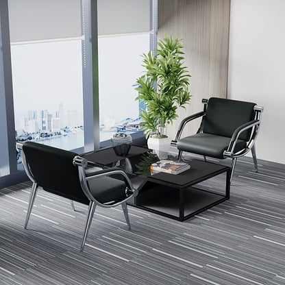wonline 2Pcs Waiting Room Chair with Armrest Black PU Leather Office Furniture, Office Guest Seating Lobby Conference Reception Chairs for Airport Clinic Hospital Bank Salon Barber(Black)