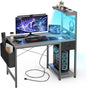 Gaming Desk 55 Inch with Power Outlet and LED Light, Computer Desk with Reversible Shelves and Storage Drawer, Pc Small Desk for Home Office Table with Bag, Carbon Fiber Grey