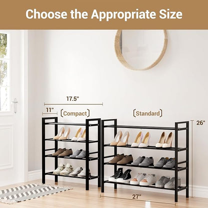 Haddockway Bamboo Shoe Rack for Closet, Free Standing Shoe Organizer with Smooth Round Rods & Convenient Handles, Stackable Shoe Storage Shelf for Entryway, Hallway(Black, 4-Tier(Small))