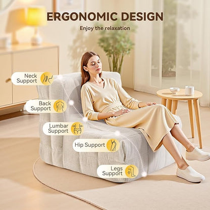 Bean Bag Chair, Soft Chenille Pre-Filled Lazy Chair Floor Sofa Bean Bag Chair for Adults and Teens, Accent Chair for Living Room Bedroom Apartment (Ivory)