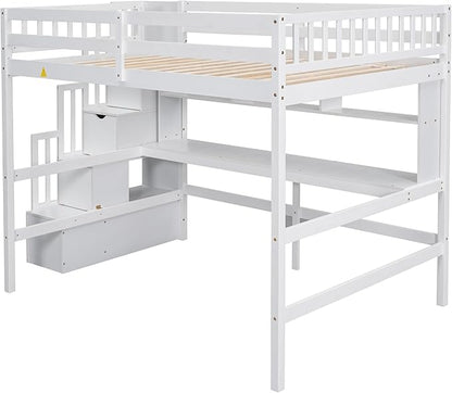 HomSof Full Size Loft Bed with Built-in Desk, Bookshelves and Storage Staircase,White