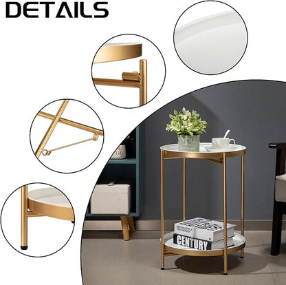 HollyHOME 2-Tier Round Gold Side Table, Outdoor Small Folding Accent Stand with Removable Tray, Anti-Rust Metal Asional Table for Balcony Patio Living Room, Nightstand for Bedroom(Gold&White)