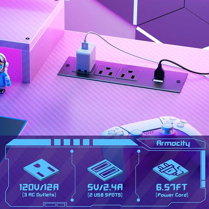Gaming Computer Desk with Power Outlets, Gaming Desk with Hutch and LED Lights, Reversible PC Gaming Desk with Pegboard, Carbon Fiber Pink, 47"