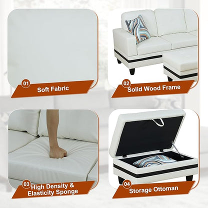 Osparple L Shaped Couch PU Leather Sectional Couch Upholstered 3 Pieces Sofas for Living Room with Chaise, Ottoman with Storage for Office and Small Apartment, Black and White