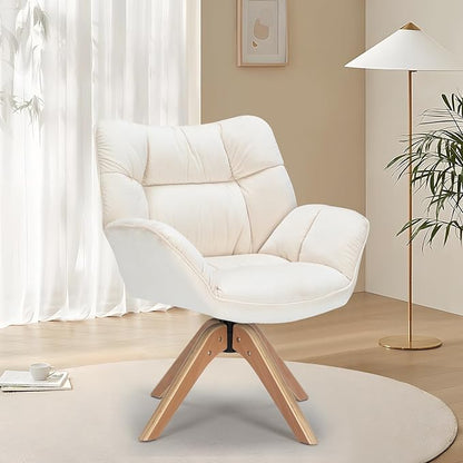 Mid Century Accent Chair, Fabric Desk Chair, Modern Cozy Vanity Chair no Wheelwith Wood Legs, Upholstered Single Boucle Armchair for Living Room Bedroom Office Guest Room Dining Room (Beige)