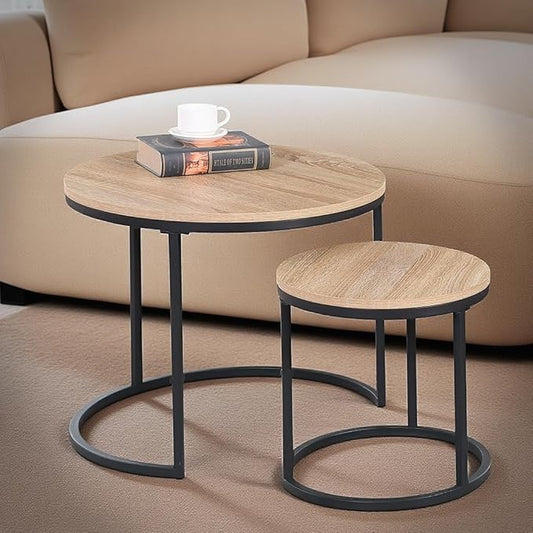 CENSI 24" Round Nesting Table, Accent Coffee Table, Natural Oak, Light Wooden Finish, Space-Saving, Modern Industrial Style