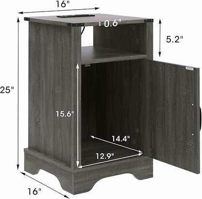 RoyalCraft Set of 1 Farmhouse Nightstand, Grey End Table with Charging Station, Tall Bedside Table with Large Storage Room and Shelf, Wooden Rustic Side Table for Bedroom, Home Office, Dark Grey