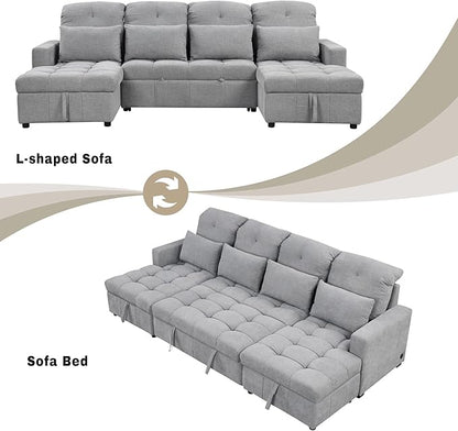 Ball & Cast 110.2" Oversized Versatile Sectional Sleep Sofa with Two USB Ports,U-Shape 4 Seat Pull-Out Couch w/Double Storage Chaise Lounges,for Living Room,Apartment,Office,Gray