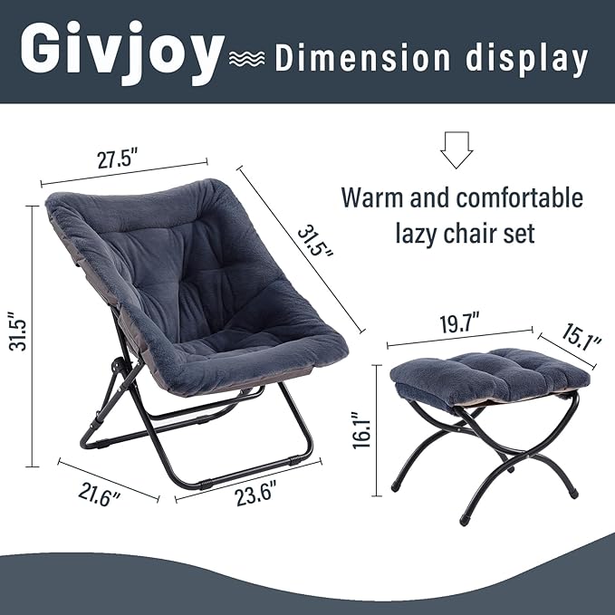 Comfy Folded Chair with Ottoman, Oversized Folding Faux Fur Chair Soft Furry Lounge Lazy Chair with Metal Frame Moon Chair Accent Chair for Bedroom, Living Room, Dorm Rooms