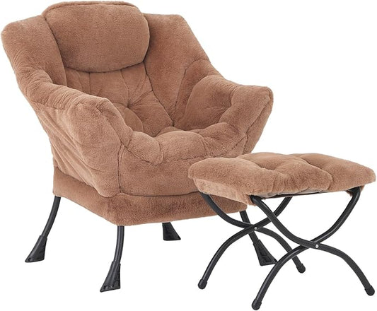 Lazy Chair with Folding Ottoman, Modern Accent Lounge Armchair with Armrests and a Side Pocket & Foldable Footstool, Leisure Reading Chair for Living Room, Bedroom, Dorm & Office, Plush Brown