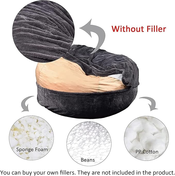 Giant Fur Bean Bag Chair Cover for Kids Adults, (No Filler) Living Room Furniture Big Round Soft Fluffy Faux Fur Beanbag Lazy Sofa Bed Cover (Grey, 6FT)