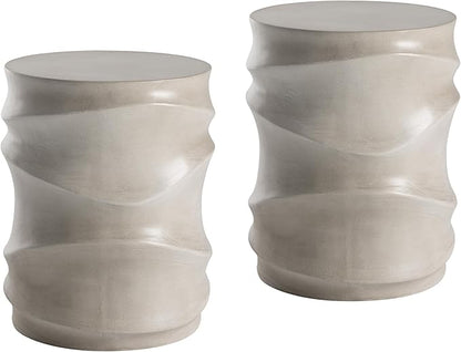 COSIEST Set of 2 Outdoor Side Table, 2 Pieces Concrete Table for Patio, Streamlined Lightweight Accent Decorative Patio Garden Stools, Plant Stand Drum Table, Round, Grey
