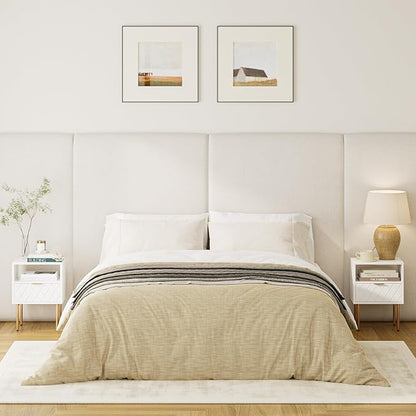 Nightstand,Morden Bedside Table with Gold Frame,Small White Night Stand,End Table,Bedside Furniture,Side Table with Drawer and Shelf for Bedroom,Living Room (1Drawer, White-Square)