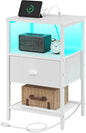 Sthmec Nightstands with Charging Station, LED Bedside Tables with Charging Station and Fabric Drawer, Night Stand with Storage, 3 Tier Side Table with Open Shelf, LED Nightstand Bedside Table,White