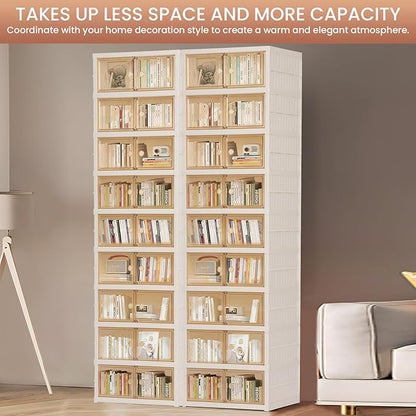 Foldable Shoe Organizer Storage Box, Portable Extra Large Folding Shoe Rack for Closet, Shoe Storage Box with Magnetic Transparent Door and Wheels, 9 Layers 18 Grids.