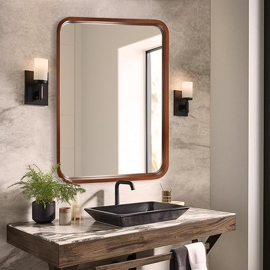 WallBeyond 18x24 Inch Wood Mirror for Bathroom, Wooden Frame Wall Mirror Farmhouse Wall Mounted Rectangle Mirror for Vanity (Horizontal/Vertical Walnut Color)