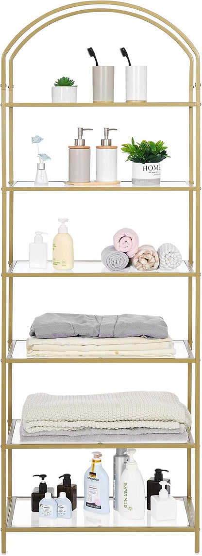 Homhedy Bookshelf Arched Display Racks,Metal Bookcase,Tempered Glass Shelves,Storage Rack Shelf for Home Office,Living Room,Bedroom, Bathroom,Modern Style (Golden, 11.8" D x 23.6" W x 73.6" H)