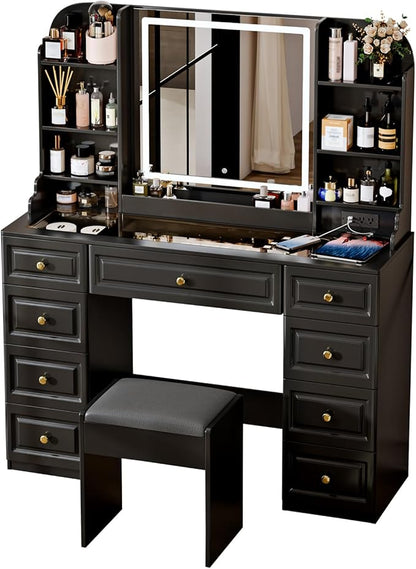 42" Makeup Vanity Desk with Mirror and Lights, & Power Outl, Glass Top Big Vanity Table with 9 Drawers& 8 Storage Shelves, Dressing Table Set with Chair for Bedroom, Black