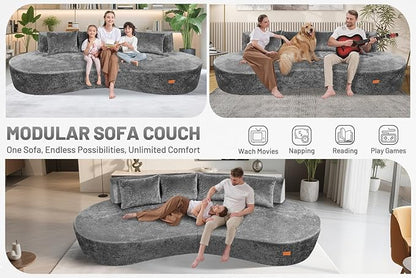Homguava 104'' Modular Sectional Sofa,Curved Modern Sofa with Memory Foam,Deep Seat Cloud Couch with 4 Pillows,Upholstered Oversized Couches for Living Room Apartment Office,No Assembly Required,Grey