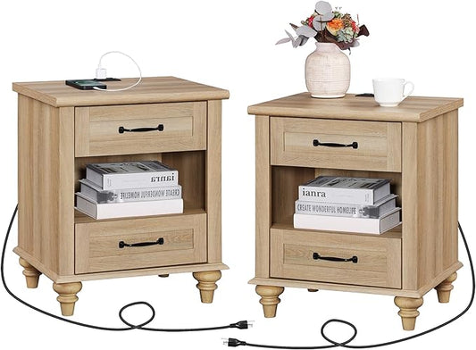 WAMPAT Set of 2 Oak Nightstands Side Tables with Charging Station, Farmhouse End Table with 2 Drawers & Shelf for Living Room, Light Wood Night Stand Bedside Table for Bedroom