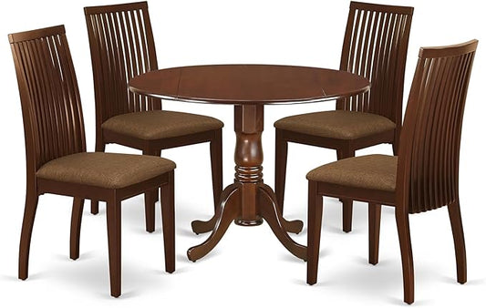 East West Furniture DLIP5-MAH-C 5 Piece Modern Dining Table Set Includes a Round Wooden Table with Dropleaf and 4 Linen Fabric Dining Room Chairs, 42x42 Inch, Mahogany