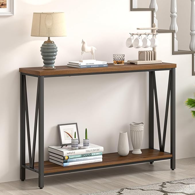 FOLUBAN Entryway Table, Narrow Console Table, Modern Sofa Table for Living Room, Hallway, Behind Couch (Rustic Walnut)