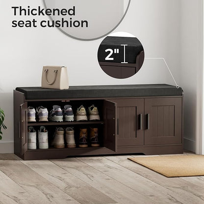 2-Tier Storage Bench, Shoe Bench with Thickened Padded Seat Cushion, Entryway Bench with 4 Doors, Adjustable Shelf, 13.8" D x 45.3" W x 18.5" H, for Entryway, Living Room, Bedroom, Brown