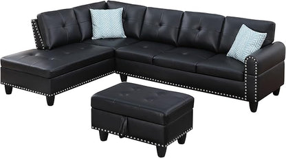Ball & Cast 98" L Shaped Sectional Couch for Living Room with Chaise & Storage Ottoman,4 Seat Faux Leather Upholstered Modular Sectional Sofa Set 3 PCS W/Cup Holder&Nailhead Trim,for Home,Office,Black