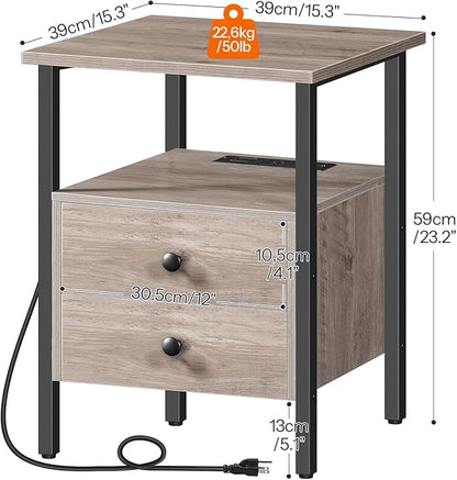 HOOBRO End Table with Charging Station, Nightstand with 2 Drawer & USB Ports & Power Outlets, Bedside Table for Small Spaces, Stable and Sturdy, for Living Room, Bedroom, Greige and Black BG43UBZ01