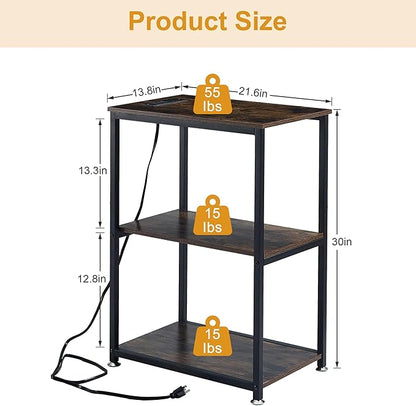 VECELO Tall End Table with Charging Station, Side Table with USB Ports and Outlets, 30" Height Nightstand with 3-Tier Storage Shelf for Living Room Bedroom Office Hallway Study