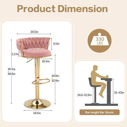 VECELO Bar Stools Set of 2, Adjustable Barstools Counter Height Stools with Back and Arm, Velvet Woven Kitchen Island Stools w/Gold Metal Leg & Base, 360° Swivel Bar Chair, Pink