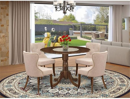 East West Furniture DLSI5-AWA-04 5 Piece Kitchen Table Set for Small Spaces Consist of a Round Wooden Table with Dropleaf and 4 Upholstered Chairs, 42x42 Inch, Antique Walnut