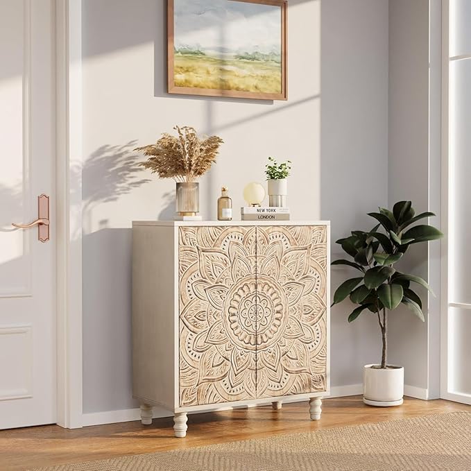 COSIEST 32" W Sideboard Buffet Cabinet with Storage, Accent Cabinet with 2 Push-to-Open Magnetic Doors, Vintage MDF Buffet Table for Living Room, Kitchen, Hallway (Gray,Lotus Pattern)