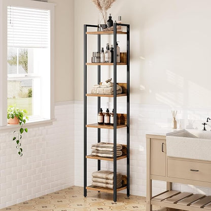 Bookshelf, 6-Tier Bookcase, Standing Book Shelf for Small Space, Storage Shelf Organizer, for Living Room, Bedroom, Study, Balcony, Rustic Brown and Black BKHR6601