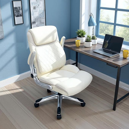 COMHOMA Big and Tall Office Chair, High Back Leather Executive Chair with Pocket Spring Lumbar Support and Flip-up Armrests, Swivel Managerial Office Chair with Adjustable Height， Beige
