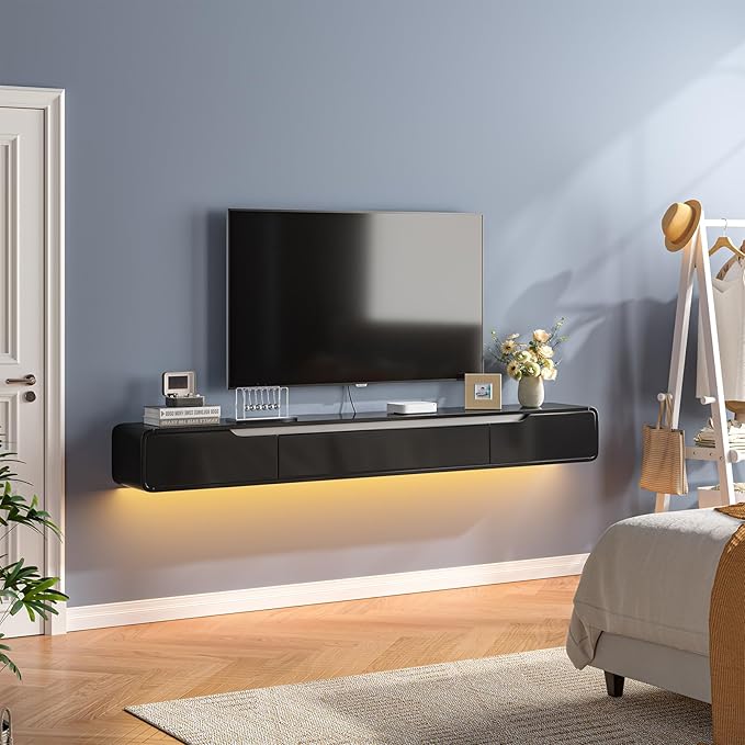 Fully-Assembled Floating TV Stand with Drawers, 94IN High Gloss Wall Mounted Entertainment Center, Modern Media Console with Storage, Under TV Shelf for Bedroom Living Room Black